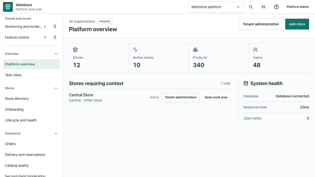 WebStore admin control center with searchable tenant directory