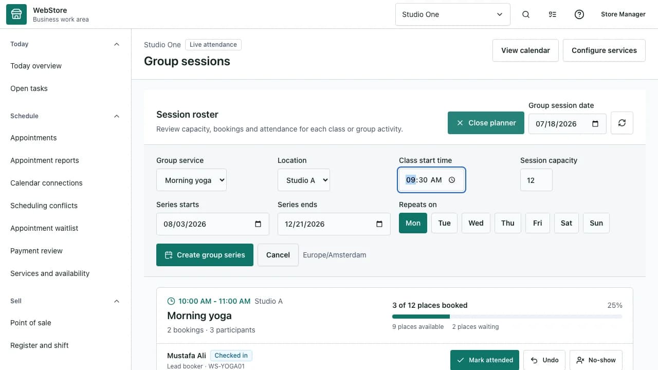WebStore appointment workspace with schedule, services and availability