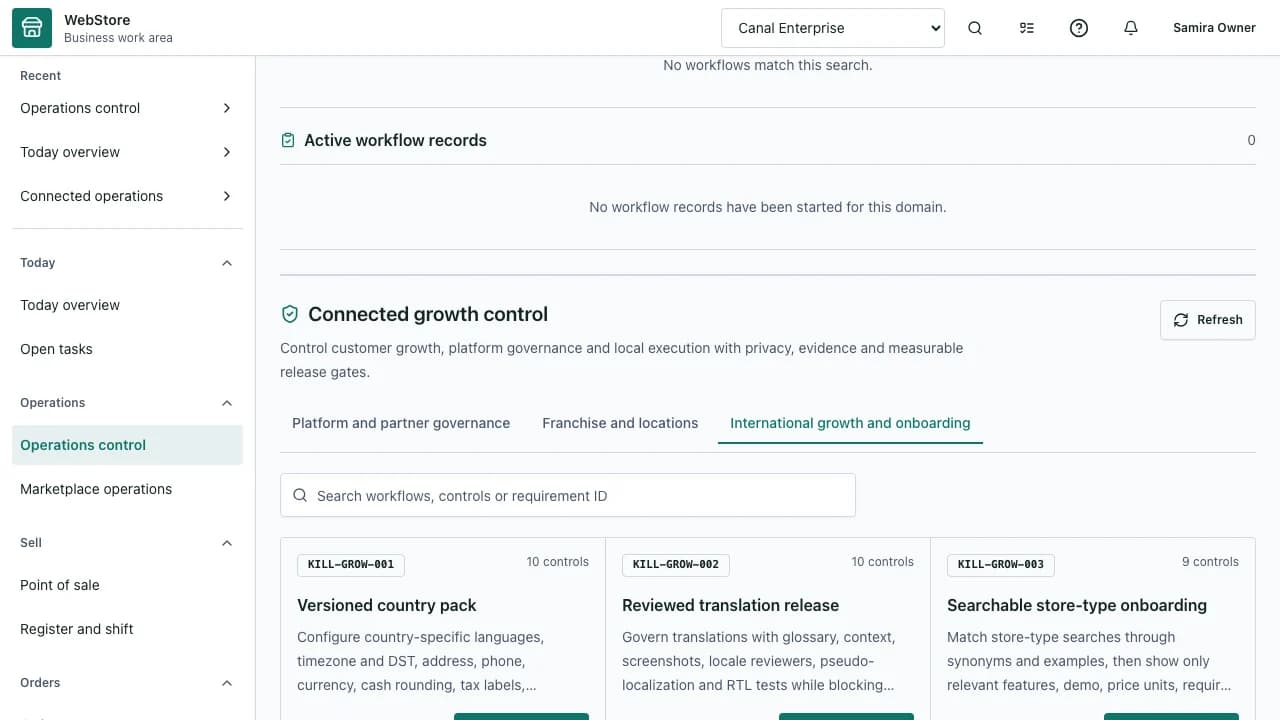 WebStore business workspace overview with navigation and operational status