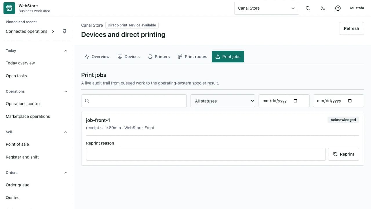 WebStore Printer Client workspace with connected printers and direct-print status