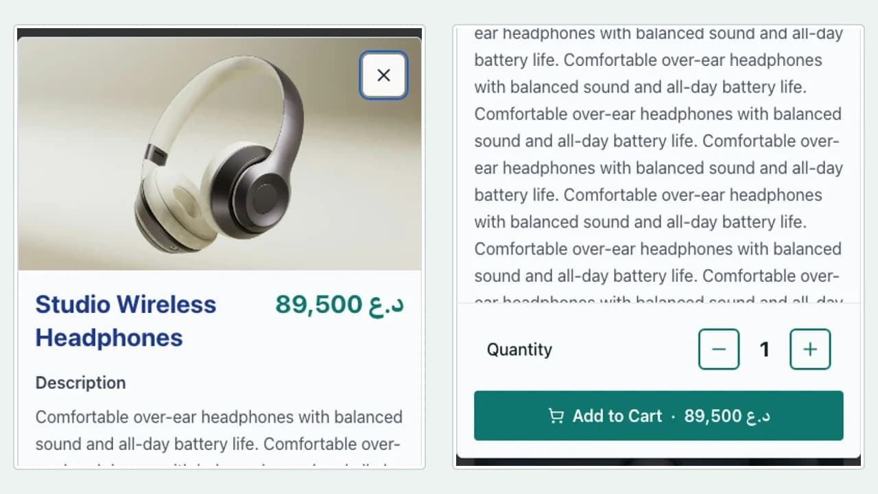 WebStore product purchase panel with quantity and add-to-cart action