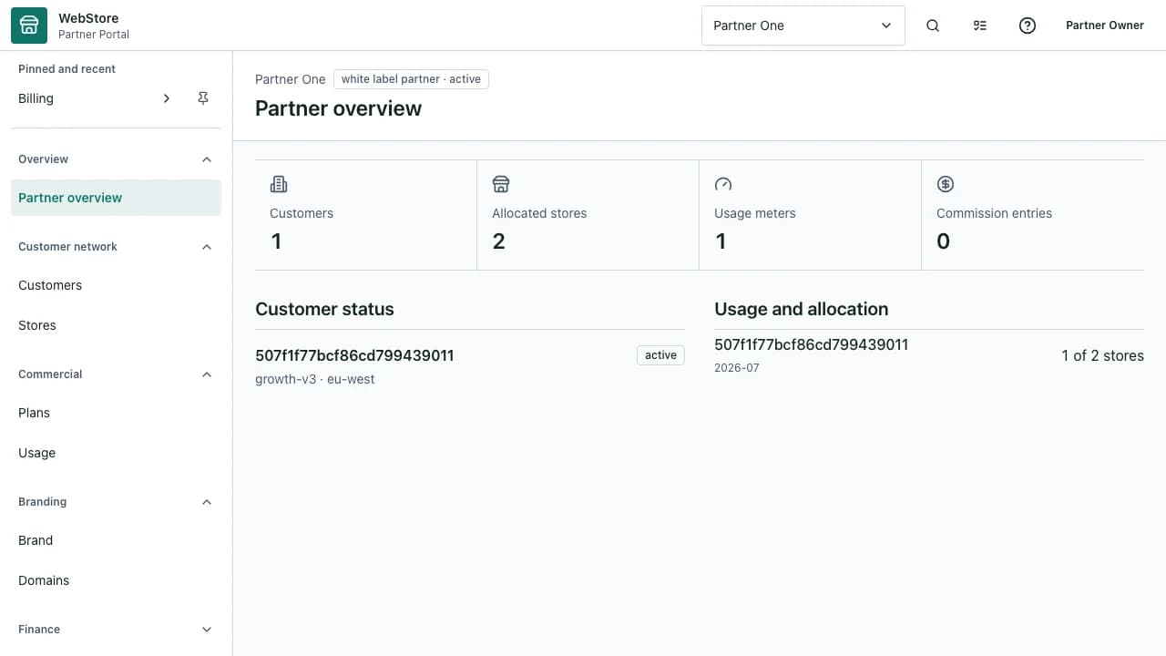 WebStore partner portal with tenant portfolio and commercial controls
