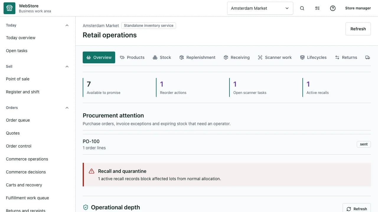 WebStore retail workspace with products, stock and channel controls