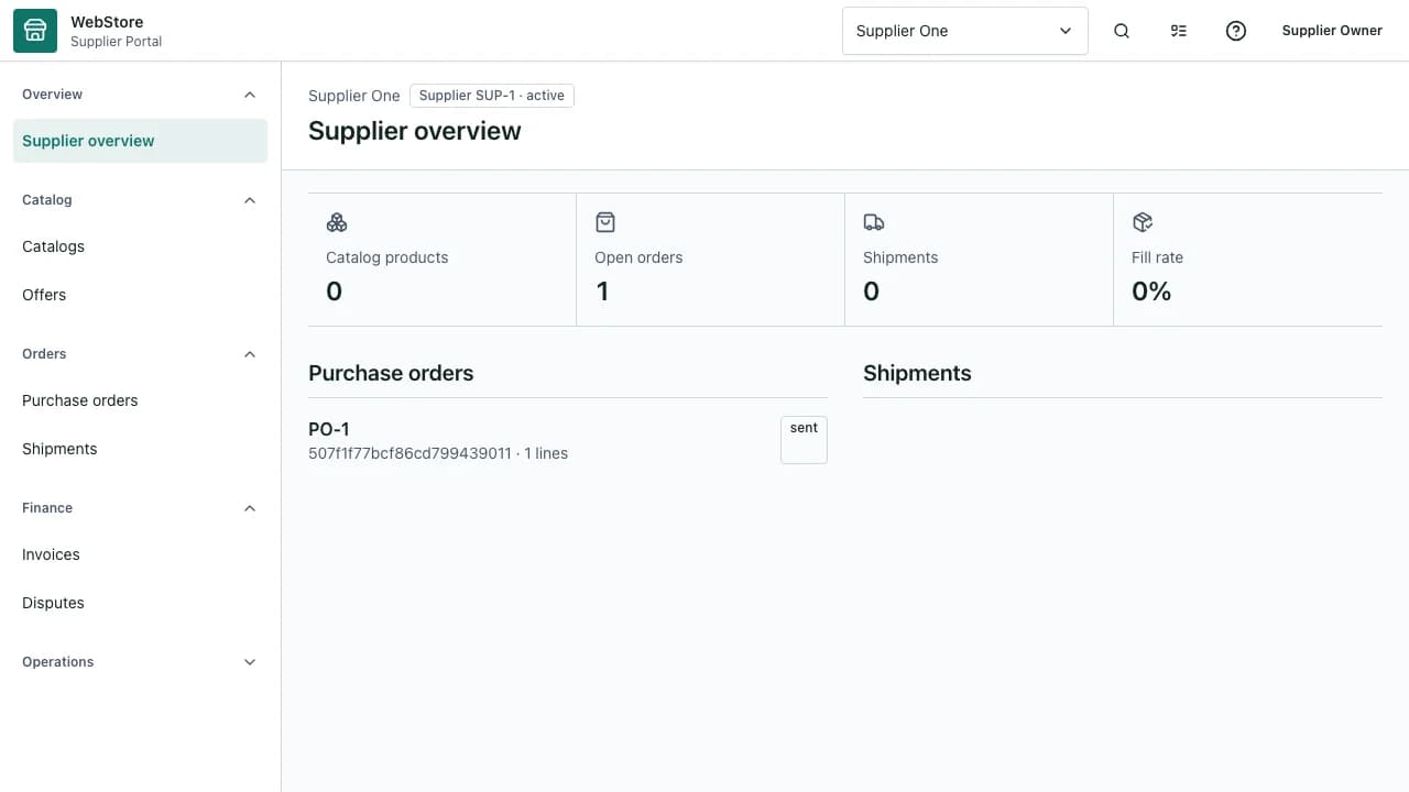 WebStore supplier portal with assigned purchase orders and delivery status